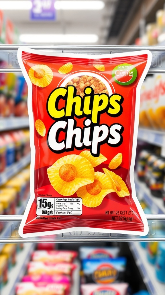 Chips label sticker design with colorful graphics and clear product information.